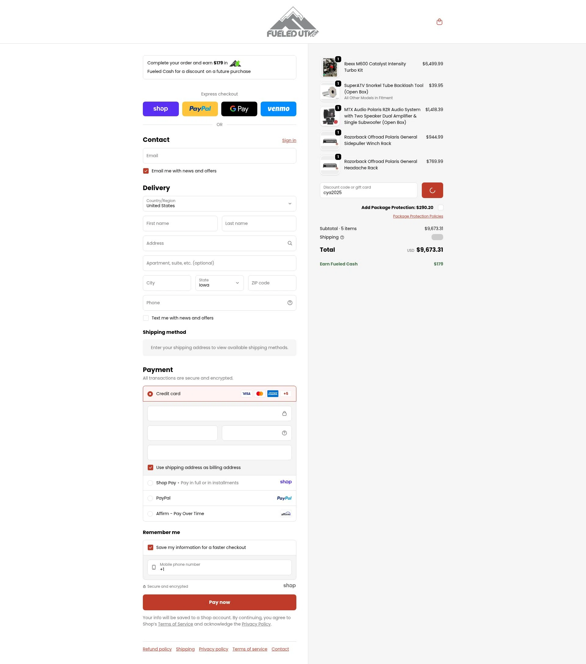 FueledUTV checkout page showing FueledUTV promo code box | Screenshot taken by SimplyCodes community member on Jan 1, 2026