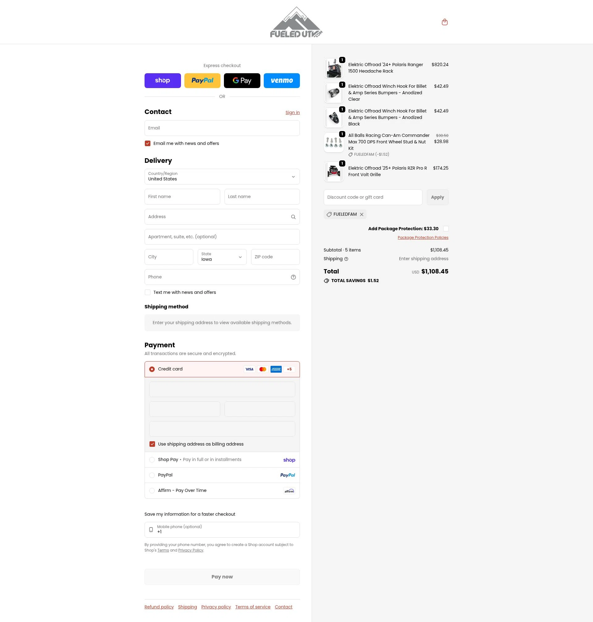 FueledUTV checkout page showing FueledUTV promo code box | Screenshot taken by SimplyCodes community member on Feb 17, 2026