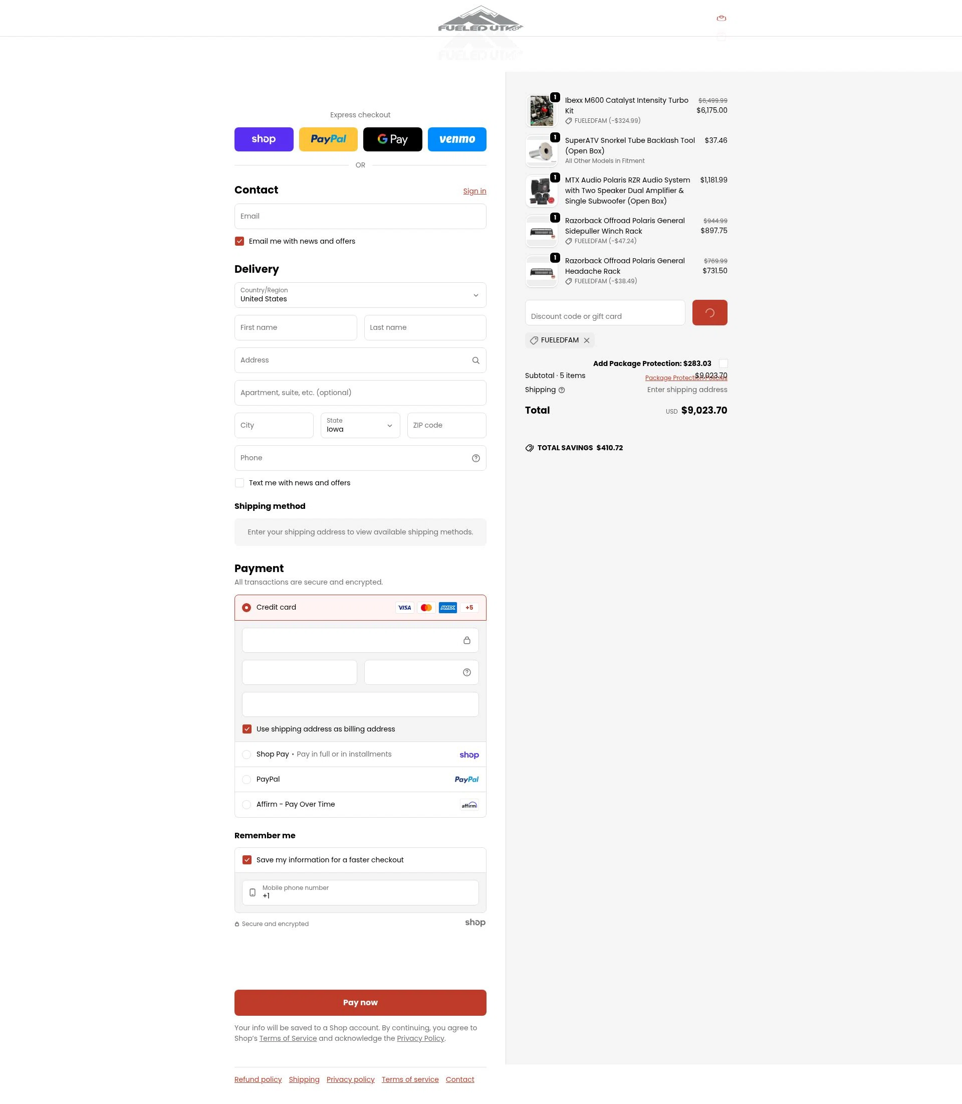 FueledUTV checkout page showing FueledUTV promo code box | Screenshot taken by SimplyCodes community member on Jan 26, 2026