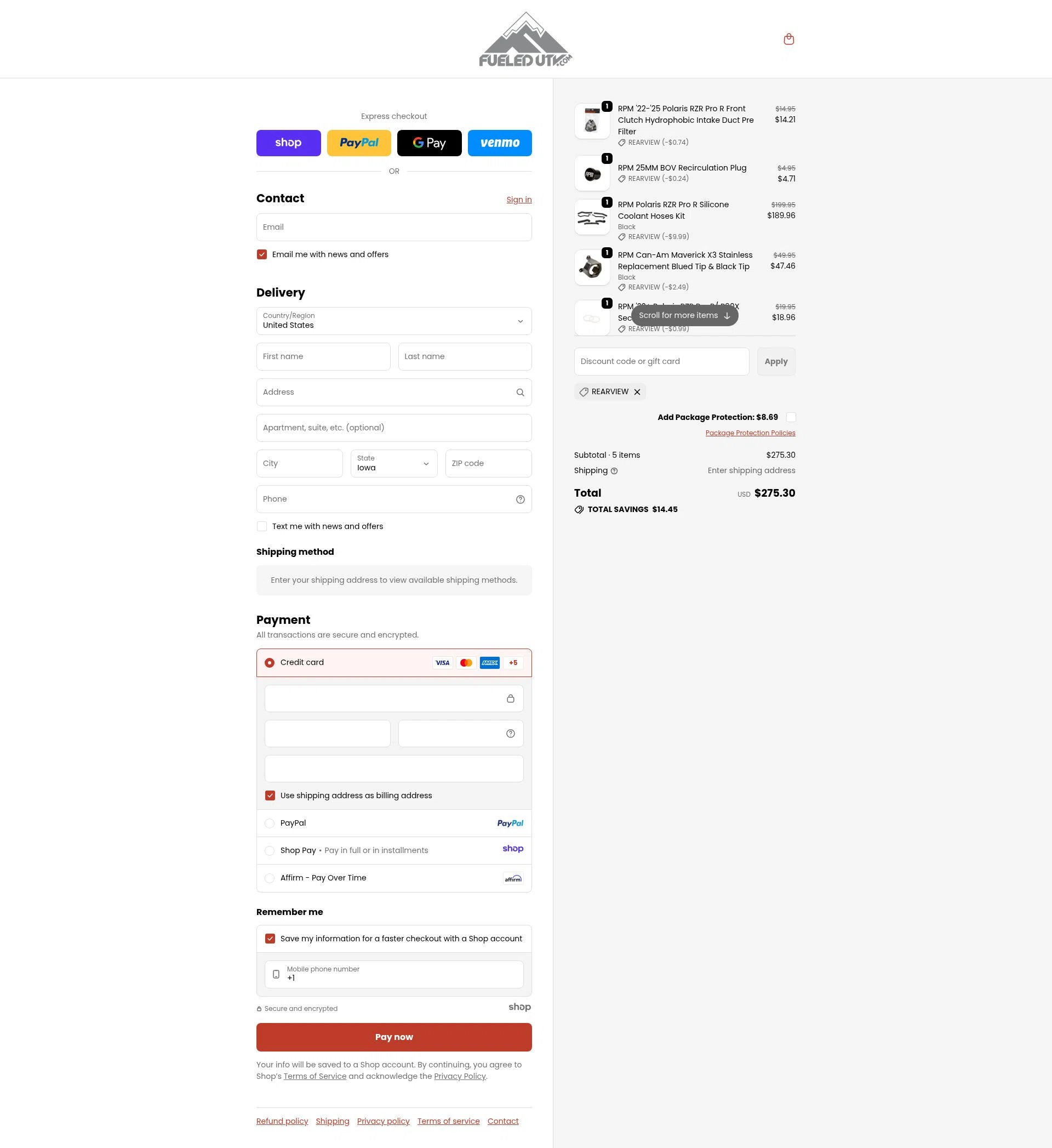 FueledUTV checkout page showing FueledUTV promo code box | Screenshot taken by SimplyCodes community member on Nov 24, 2025