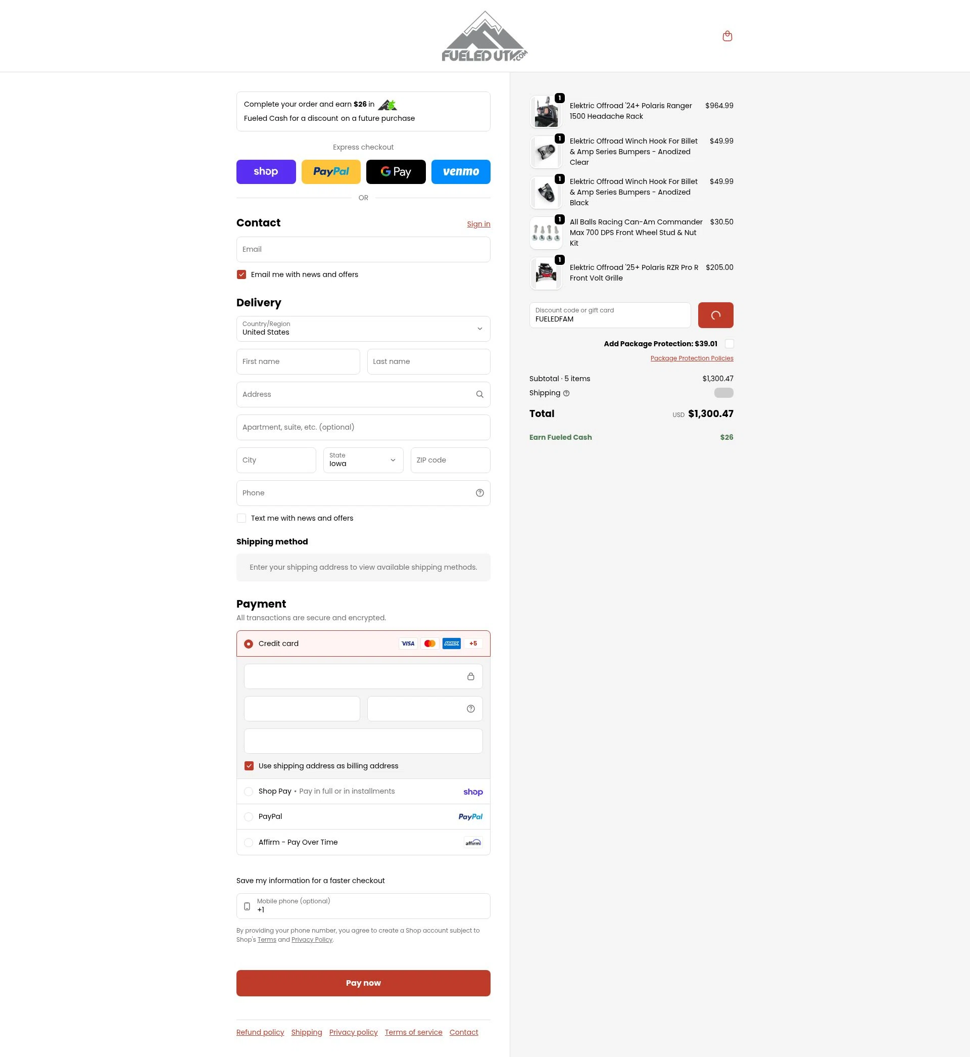 FueledUTV checkout page showing FueledUTV promo code box | Screenshot taken by SimplyCodes community member on Feb 4, 2026
