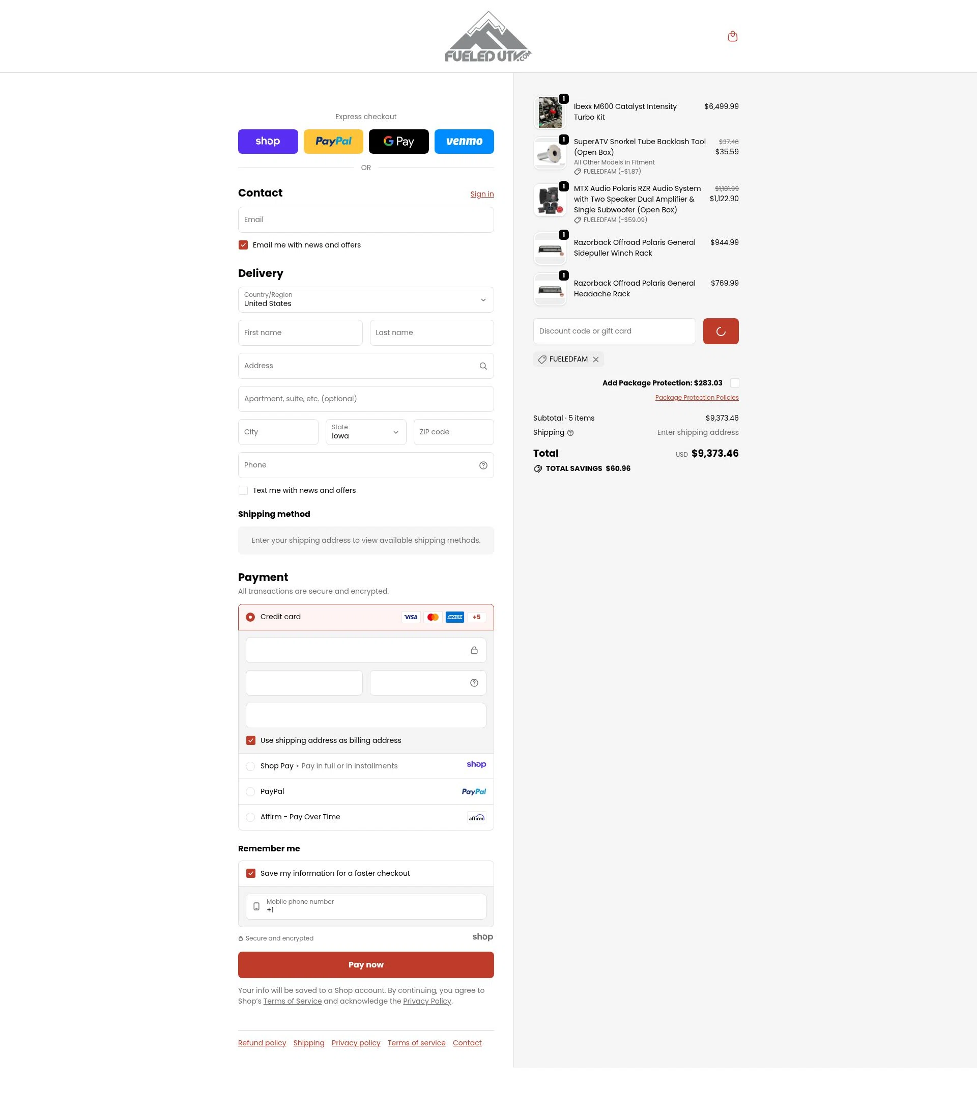 FueledUTV checkout page showing FueledUTV promo code box | Screenshot taken by SimplyCodes community member on Jan 11, 2026