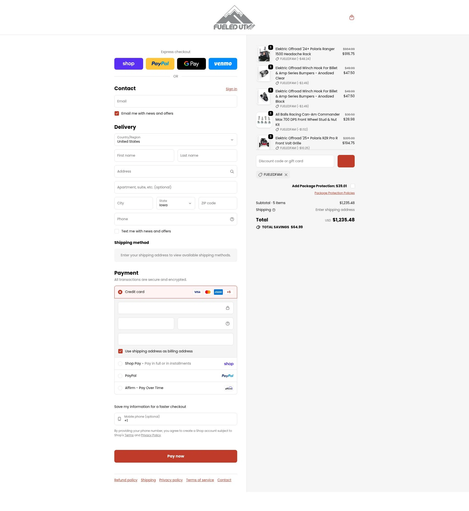 FueledUTV checkout page showing FueledUTV promo code box | Screenshot taken by SimplyCodes community member on Feb 13, 2026