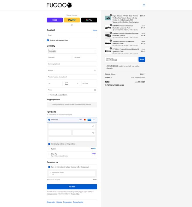 Fugoo checkout page showing Fugoo discount code box | Screenshot taken by SimplyCodes community member on Sep 9, 2025