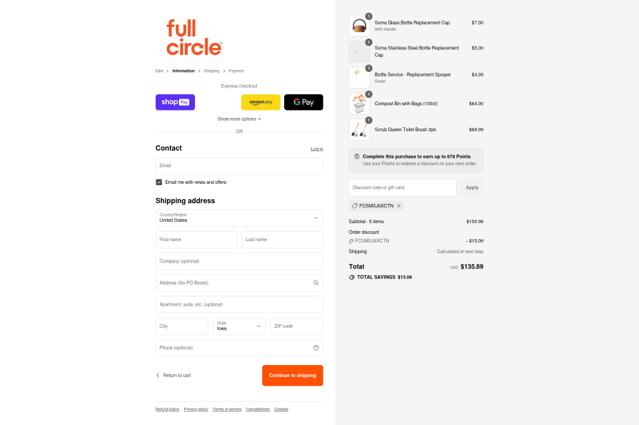 Full Circle checkout page showing Full Circle promo code box | Screenshot taken by SimplyCodes community member on Aug 22, 2025