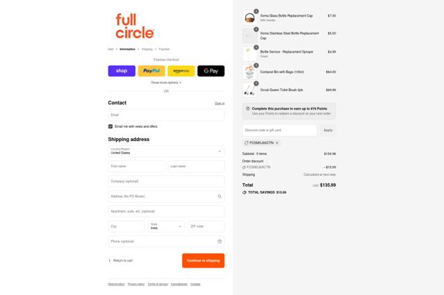 Full Circle checkout page showing Full Circle promo code box | Screenshot taken by SimplyCodes community member on Sep 11, 2025