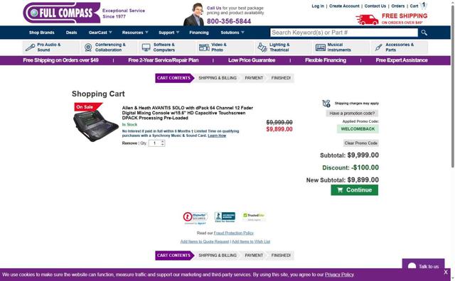 Full Compass Systems checkout page showing Full Compass Systems promo code box | Screenshot taken by SimplyCodes community member on Sep 11, 2025