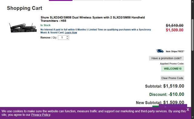 Full Compass Systems checkout page showing Full Compass Systems promo code box | Screenshot taken by SimplyCodes community member on Jul 17, 2025