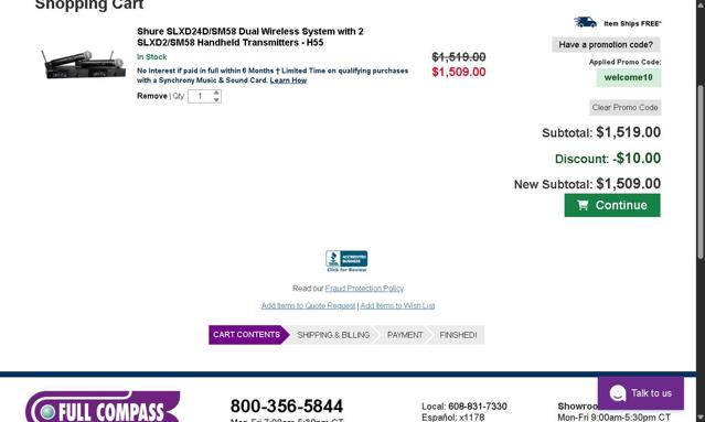 Full Compass Systems checkout page showing Full Compass Systems promo code box | Screenshot taken by SimplyCodes community member on Jul 17, 2025