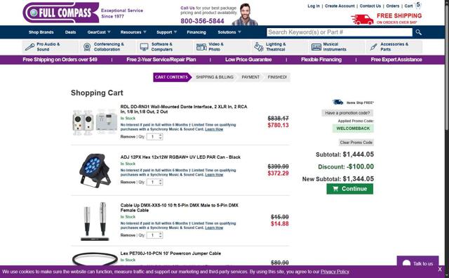 Full Compass Systems checkout page showing Full Compass Systems promo code box | Screenshot taken by SimplyCodes community member on Aug 24, 2025