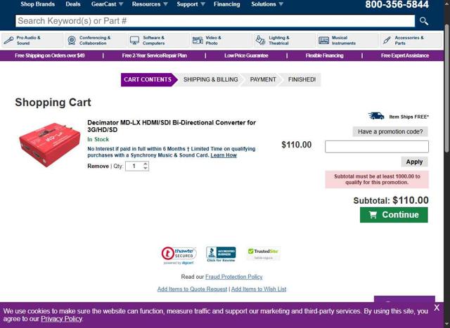 Full Compass Systems checkout page showing Full Compass Systems promo code box | Screenshot taken by SimplyCodes community member on Sep 11, 2025