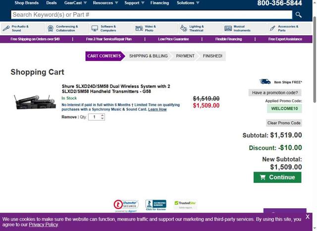Full Compass Systems checkout page showing Full Compass Systems promo code box | Screenshot taken by SimplyCodes community member on Aug 19, 2025