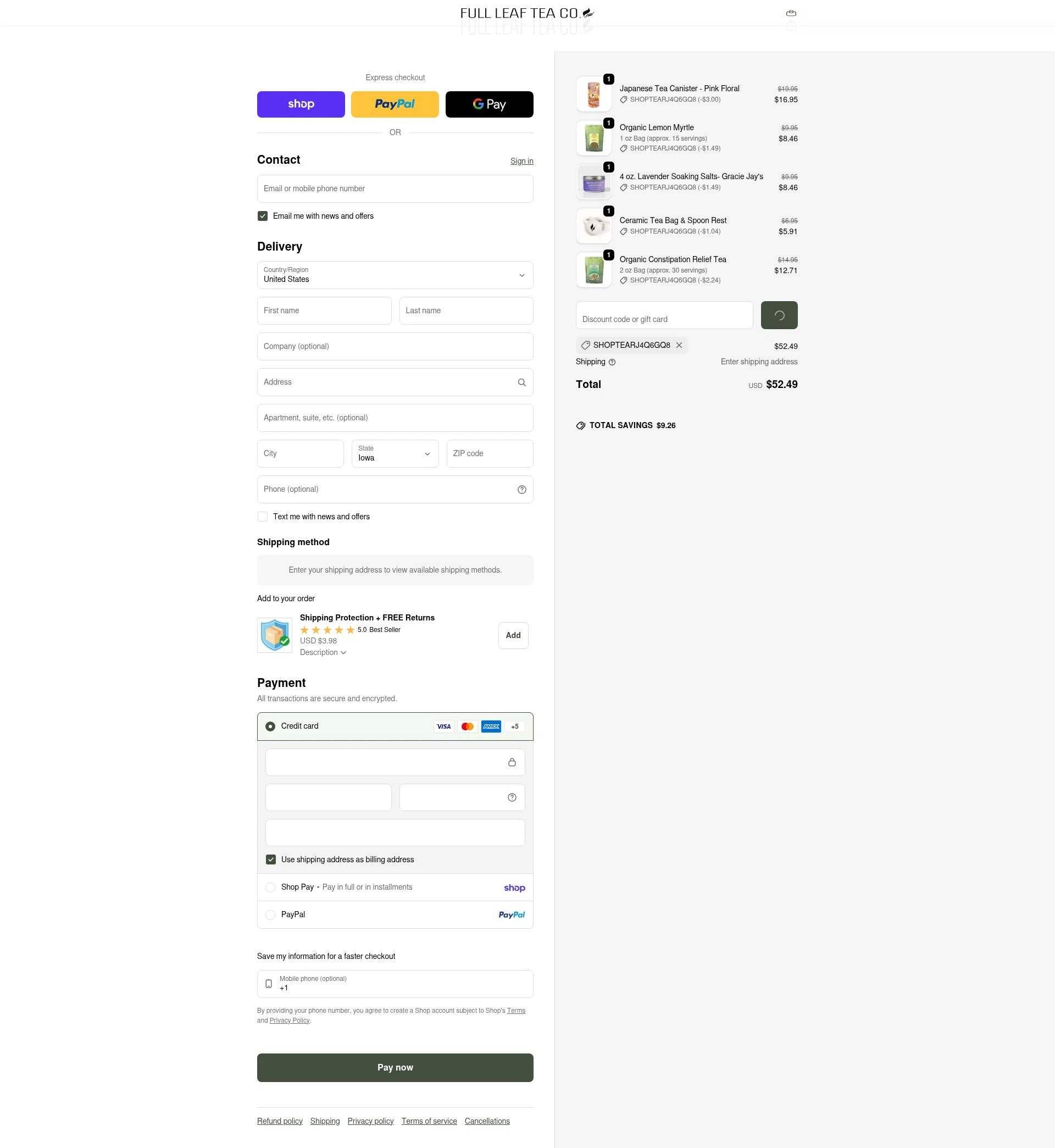 Full Leaf Tea checkout page showing Full Leaf Tea discount code box | Screenshot taken by SimplyCodes community member on Feb 5, 2026