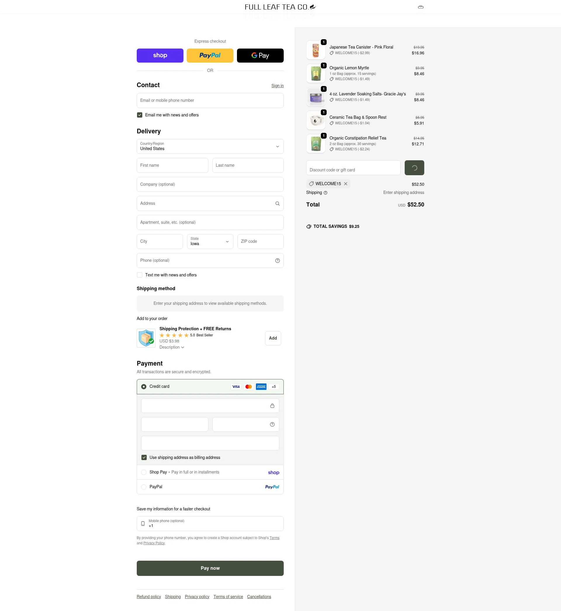Full Leaf Tea checkout page showing Full Leaf Tea discount code box | Screenshot taken by SimplyCodes community member on Feb 5, 2026