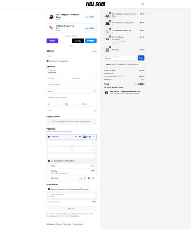 Full Send checkout page showing Full Send discount code box | Screenshot taken by SimplyCodes community member on Aug 29, 2025