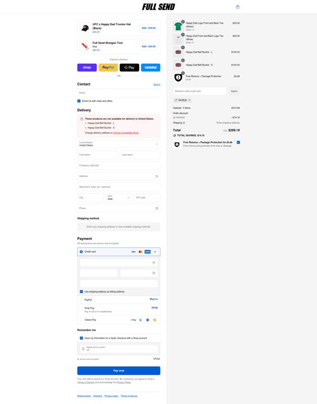 Full Send checkout page showing Full Send discount code box | Screenshot taken by SimplyCodes community member on Sep 11, 2025
