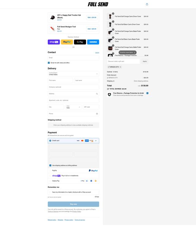 Full Send checkout page showing Full Send discount code box | Screenshot taken by SimplyCodes community member on Jul 27, 2025