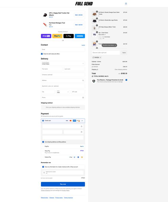 Full Send checkout page showing Full Send discount code box | Screenshot taken by SimplyCodes community member on Aug 21, 2025