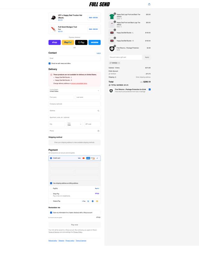 Full Send checkout page showing Full Send discount code box | Screenshot taken by SimplyCodes community member on Sep 7, 2025