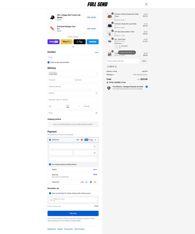 Full Send checkout page showing Full Send discount code box | Screenshot taken by SimplyCodes community member on Aug 21, 2025