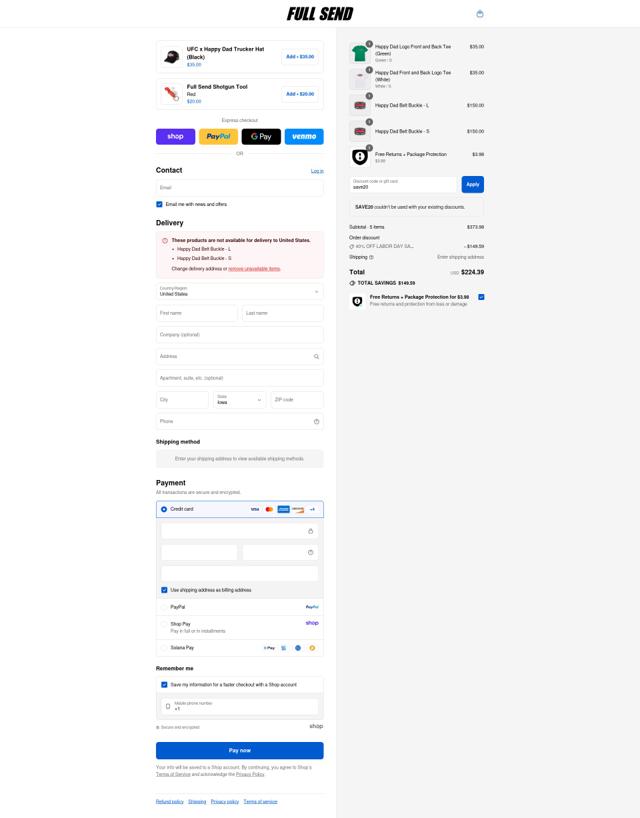 Full Send checkout page showing Full Send discount code box | Screenshot taken by SimplyCodes community member on Sep 3, 2025