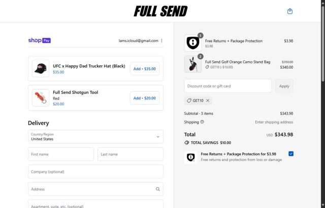 Full Send checkout page showing Full Send discount code box | Screenshot taken by SimplyCodes community member on Aug 16, 2025