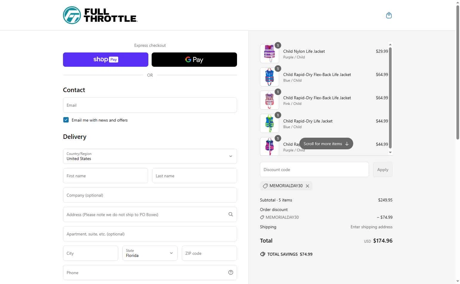 Full Throttle checkout page showing Full Throttle discount code box | Screenshot taken by SimplyCodes community member on May 24, 2025