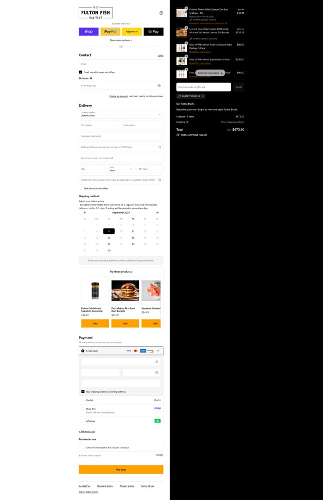 Fulton Fish Market checkout page showing Fulton Fish Market promo code box | Screenshot taken by SimplyCodes community member on Sep 4, 2025