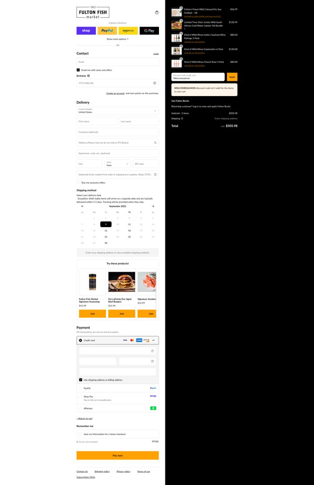 Fulton Fish Market checkout page showing Fulton Fish Market promo code box | Screenshot taken by SimplyCodes community member on Sep 4, 2025