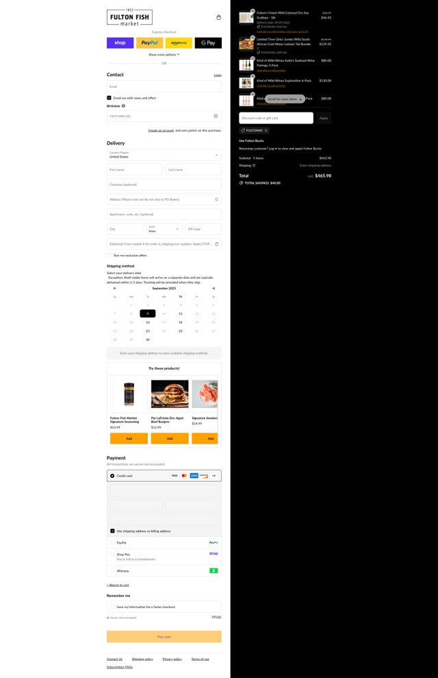 Fulton Fish Market checkout page showing Fulton Fish Market promo code box | Screenshot taken by SimplyCodes community member on Sep 4, 2025