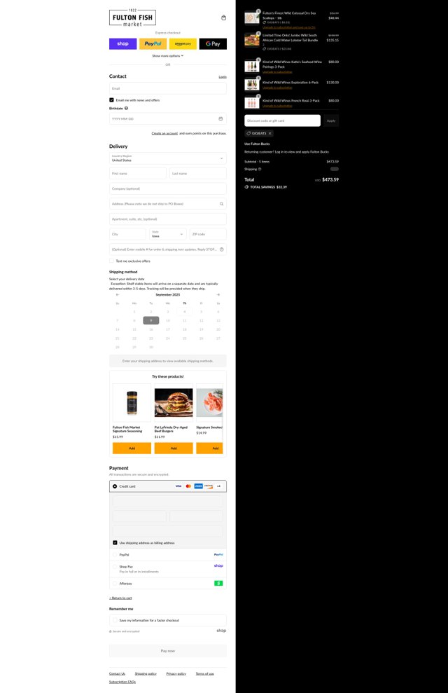 Fulton Fish Market checkout page showing Fulton Fish Market promo code box | Screenshot taken by SimplyCodes community member on Sep 4, 2025