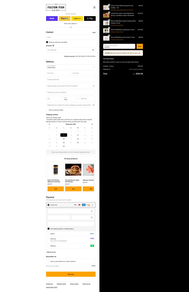 Fulton Fish Market checkout page showing Fulton Fish Market promo code box | Screenshot taken by SimplyCodes community member on Sep 4, 2025