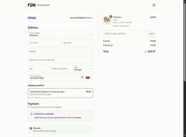 Füm checkout page showing Füm promo code box | Screenshot taken by SimplyCodes community member on Sep 13, 2025