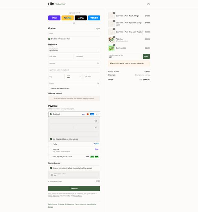 Füm checkout page showing Füm promo code box | Screenshot taken by SimplyCodes community member on Sep 12, 2025