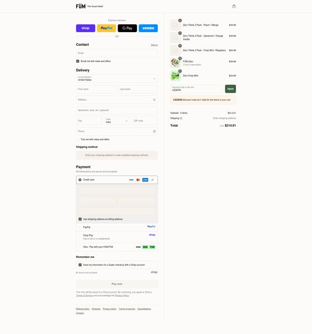 Füm checkout page showing Füm promo code box | Screenshot taken by SimplyCodes community member on Sep 12, 2025