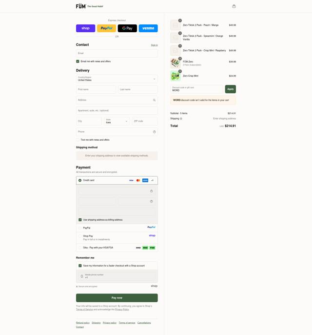 Füm checkout page showing Füm promo code box | Screenshot taken by SimplyCodes community member on Sep 12, 2025