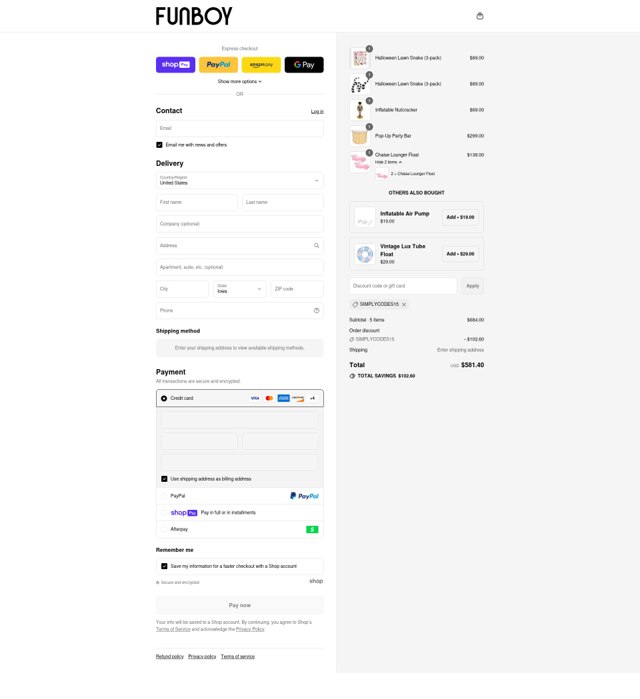 FUNBOY checkout page showing FUNBOY discount code box | Screenshot taken by SimplyCodes community member on Jul 27, 2025