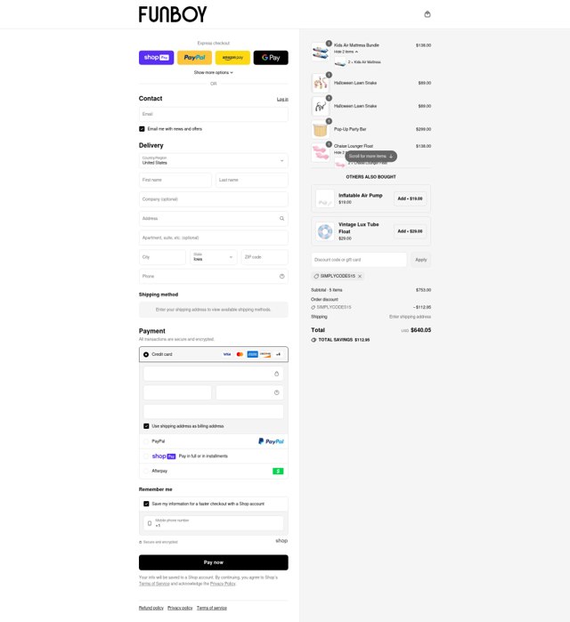 FUNBOY checkout page showing FUNBOY discount code box | Screenshot taken by SimplyCodes community member on Aug 5, 2025