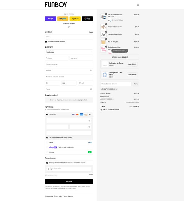 FUNBOY checkout page showing FUNBOY discount code box | Screenshot taken by SimplyCodes community member on Aug 12, 2025
