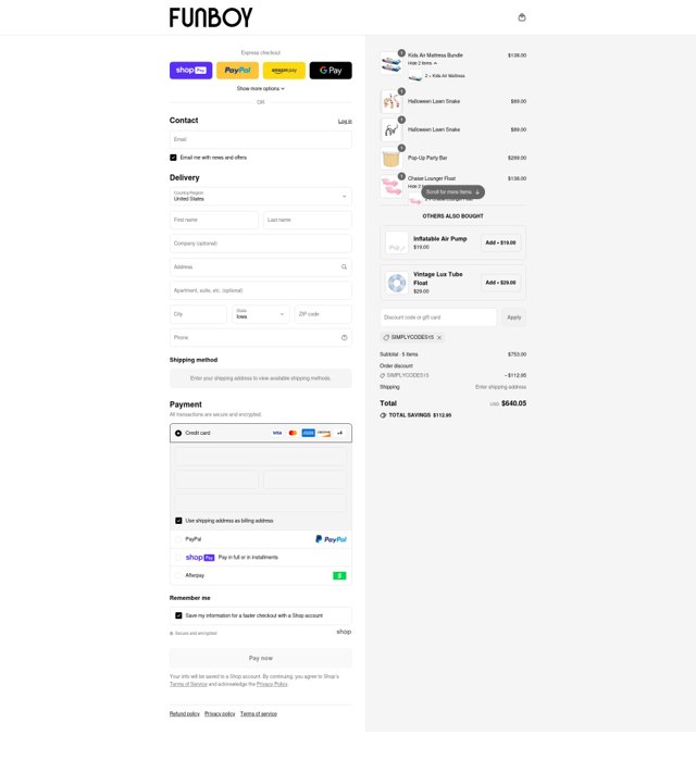 FUNBOY checkout page showing FUNBOY discount code box | Screenshot taken by SimplyCodes community member on Aug 9, 2025