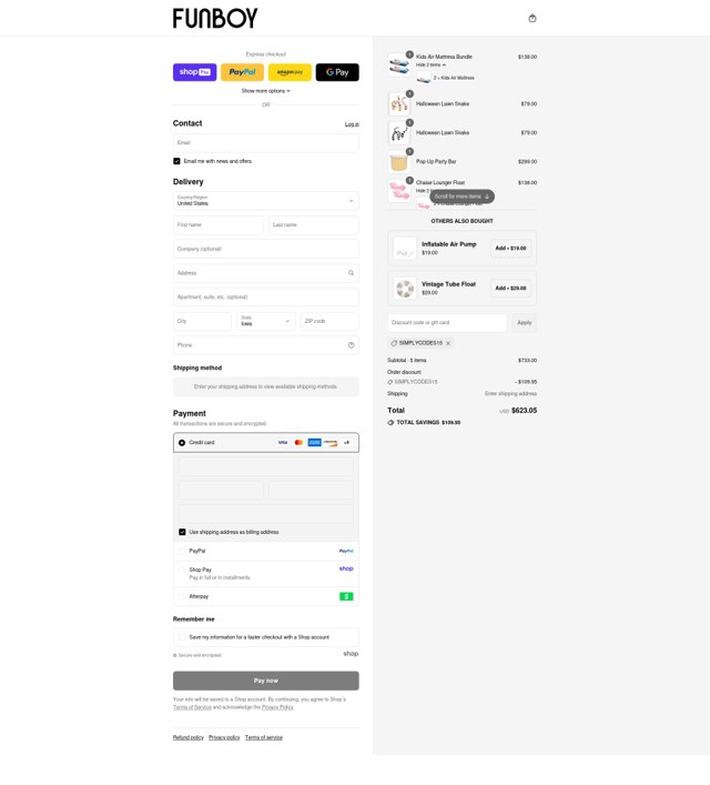 FUNBOY checkout page showing FUNBOY discount code box | Screenshot taken by SimplyCodes community member on Aug 19, 2025