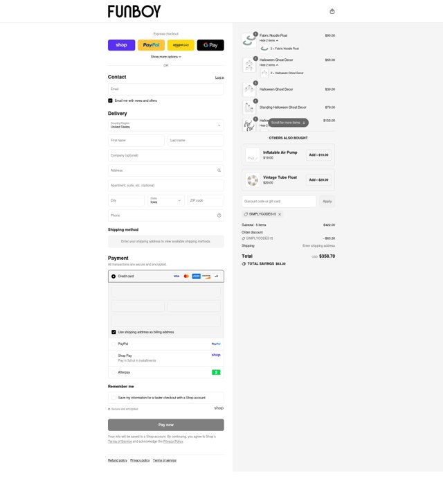 FUNBOY checkout page showing FUNBOY discount code box | Screenshot taken by SimplyCodes community member on Sep 3, 2025