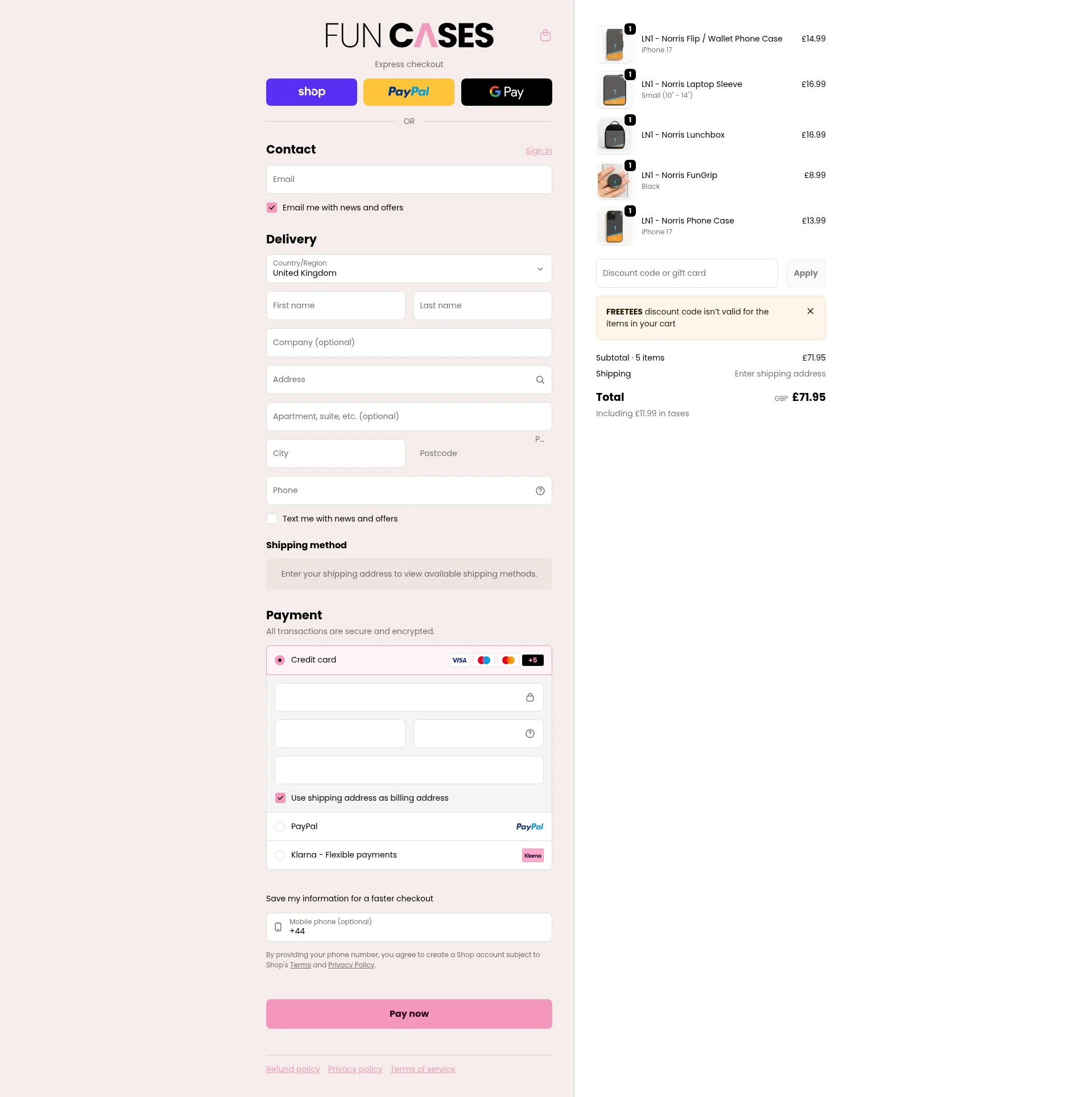 Fun Cases checkout page showing Fun Cases discount code box | Screenshot taken by SimplyCodes community member on Feb 3, 2026
