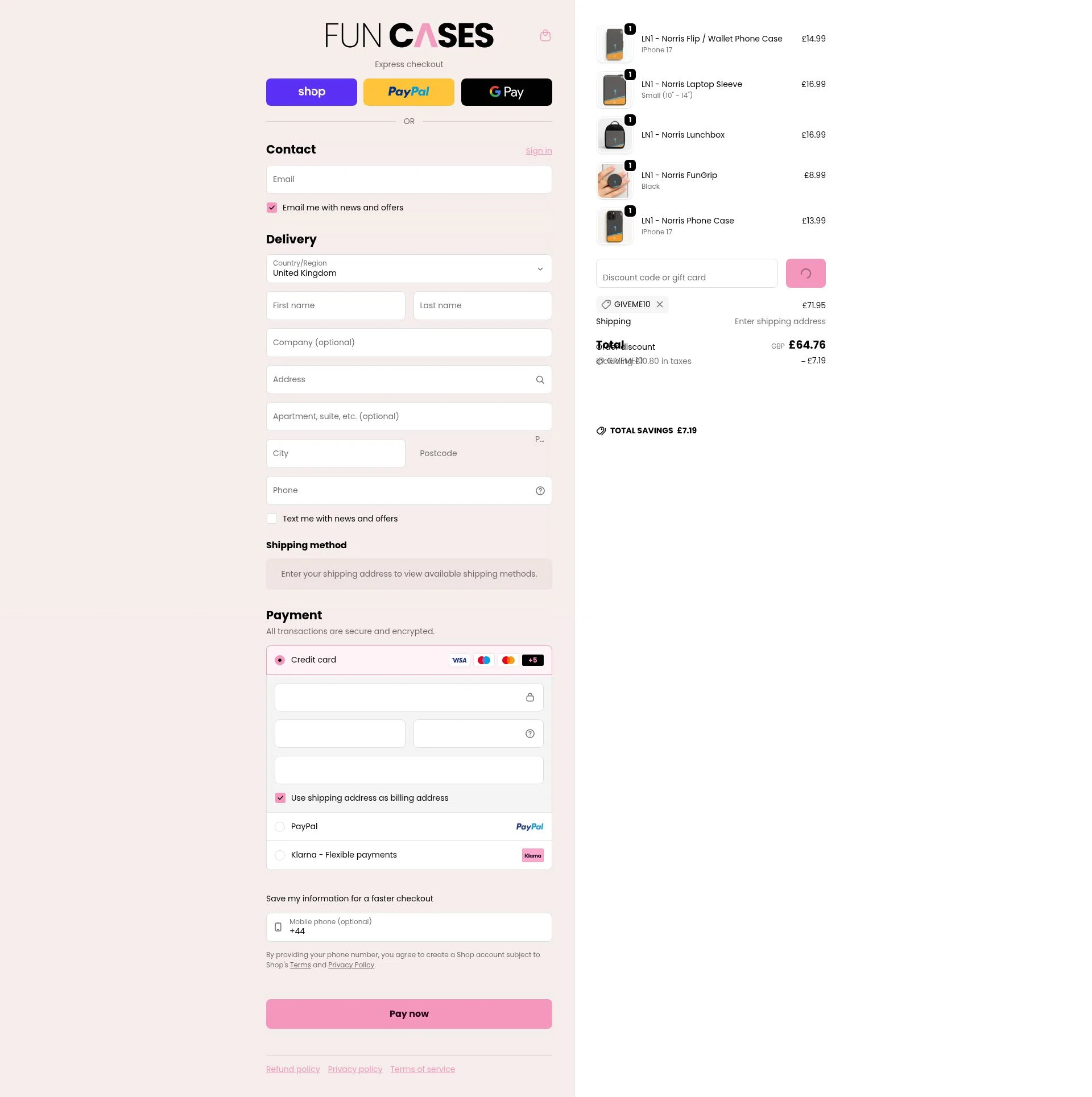 Fun Cases checkout page showing Fun Cases discount code box | Screenshot taken by SimplyCodes community member on Feb 3, 2026