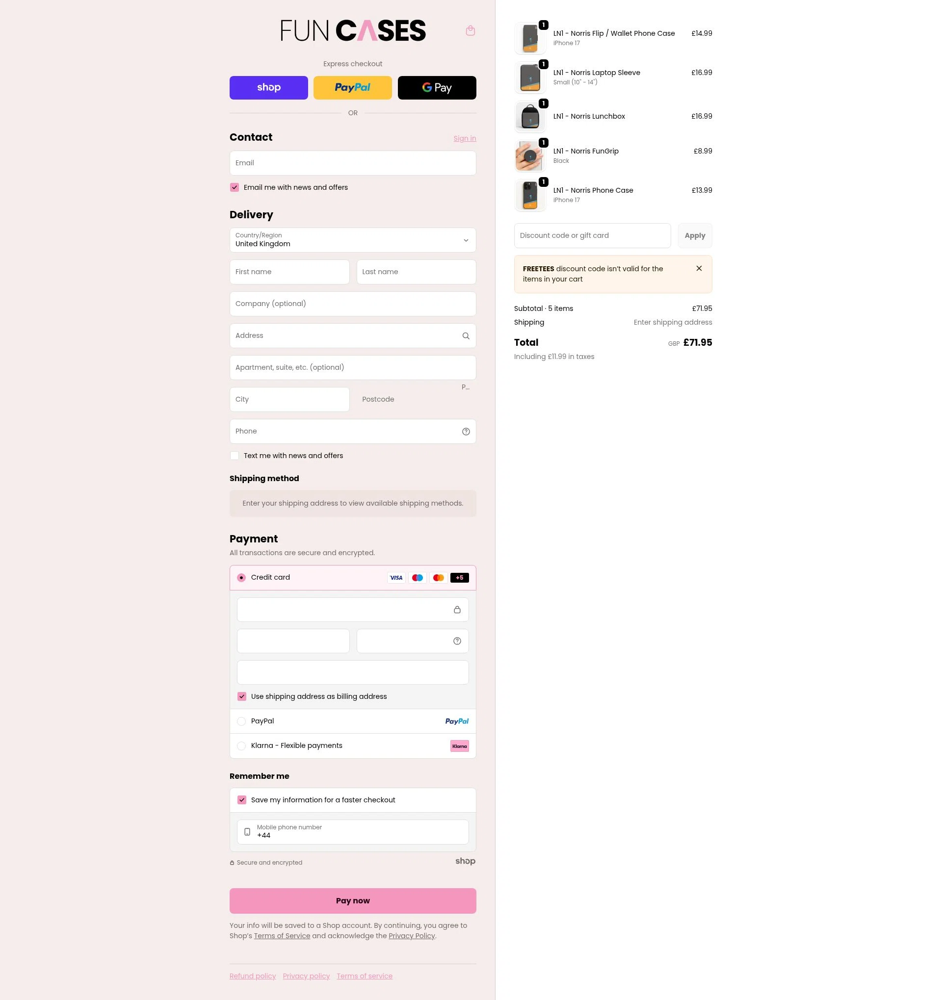 Fun Cases checkout page showing Fun Cases discount code box | Screenshot taken by SimplyCodes community member on Jan 30, 2026