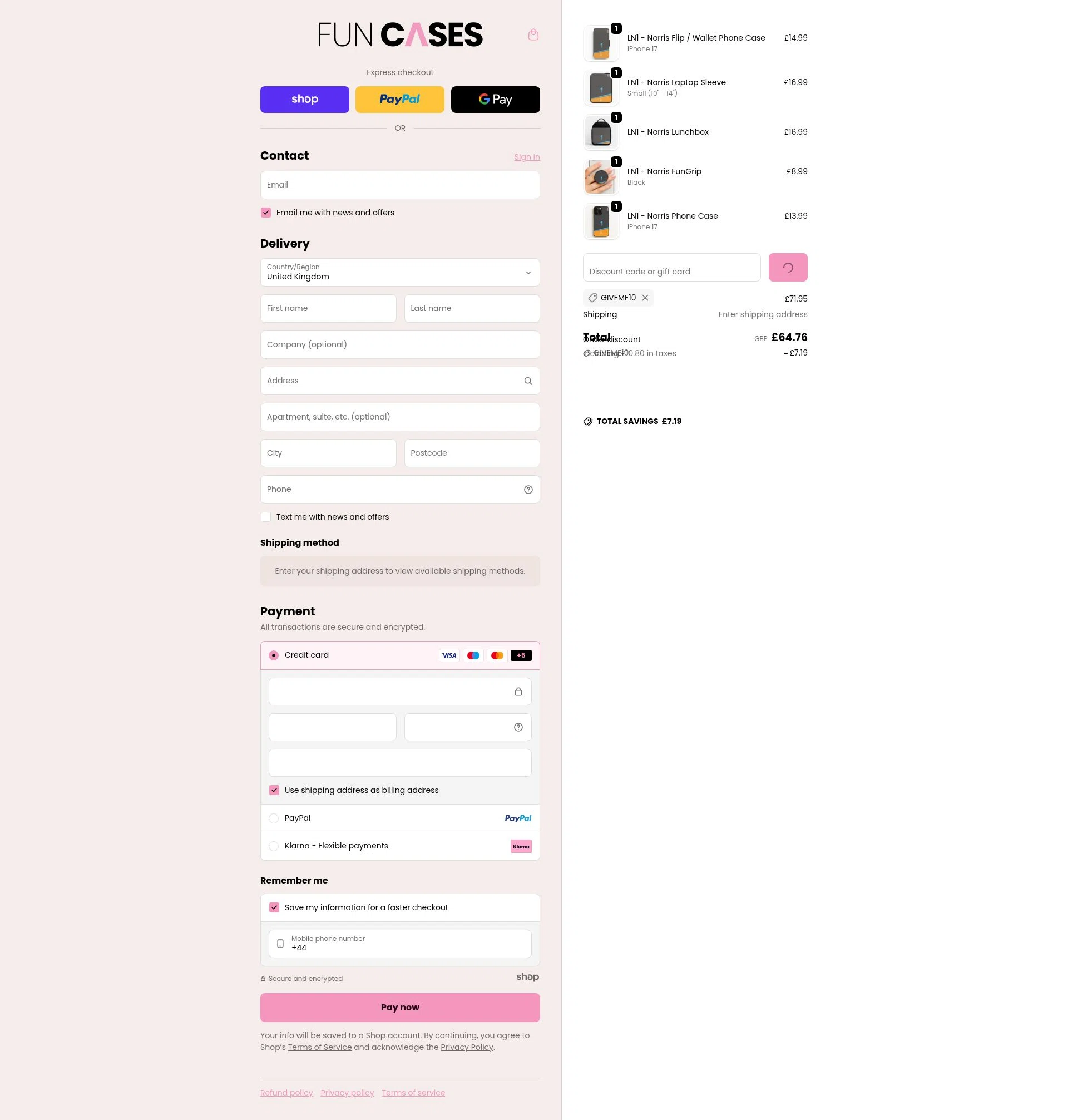 Fun Cases checkout page showing Fun Cases discount code box | Screenshot taken by SimplyCodes community member on Jan 21, 2026