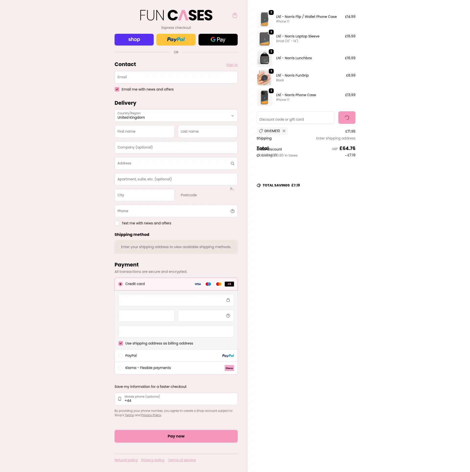 Fun Cases checkout page showing Fun Cases discount code box | Screenshot taken by SimplyCodes community member on Feb 8, 2026