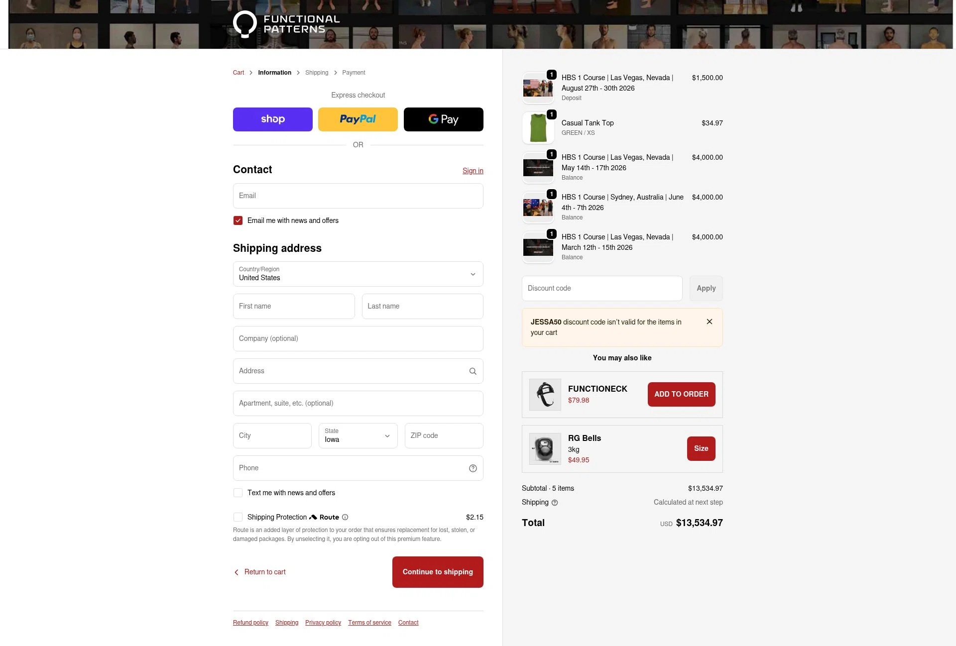 Functional Patterns checkout page showing Functional Patterns discount code box | Screenshot taken by SimplyCodes community member on Feb 9, 2026