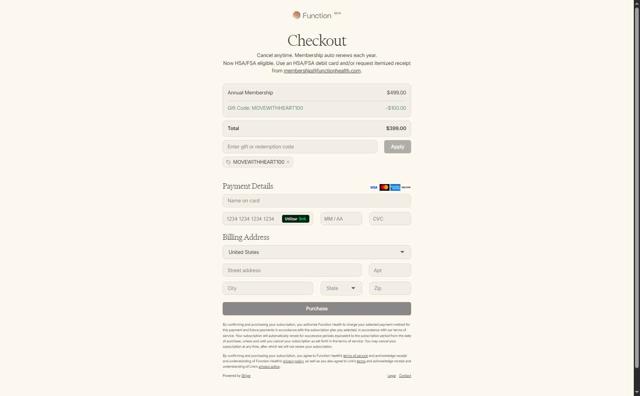 Function Health checkout page showing Function Health promo code box | Screenshot taken by SimplyCodes community member on Sep 12, 2025