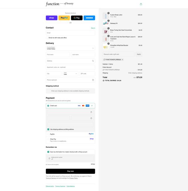 Function of Beauty checkout page showing Function of Beauty discount code box | Screenshot taken by SimplyCodes community member on Sep 12, 2025